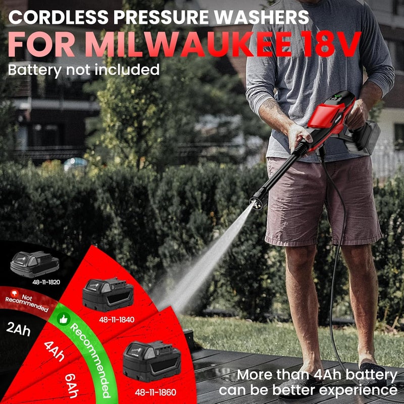 ZixDeNex Cordless Pressure Washer for Milwaukee 18V Battery, 800 PSI Portable Handheld Power Washer with Brushless Motor, 6-in-1 Nozzle, 3 Level Adjustable for Car Yard Fence Cleaning (Battery Not Included) - Image 4